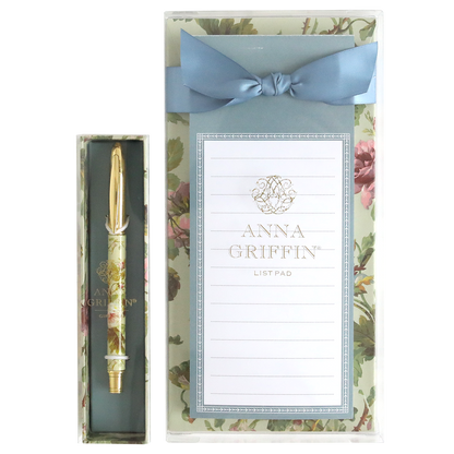 The Francesca Hostess Gift Set features a floral-themed list pad and matching pen, elegantly presented in a gift box with a blue ribbon—making it an ideal hostess gift.