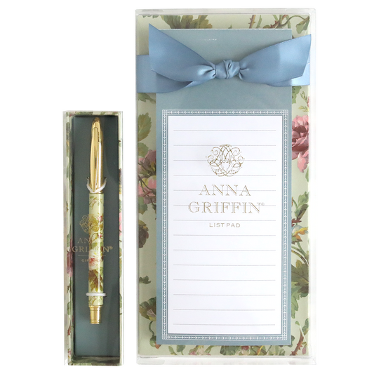 The Francesca Hostess Gift Set features a floral-themed list pad and matching pen, elegantly presented in a gift box with a blue ribbon—making it an ideal hostess gift.