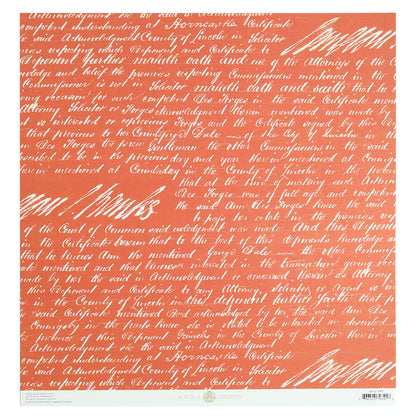 This 12x12 cardstock from the Haunted Halloween collection features decorative paper with cursive script in cream color printed on a reddish-orange background. The densely written text creates a vintage, handwritten letter aesthetic perfect for your spooky-themed crafts.