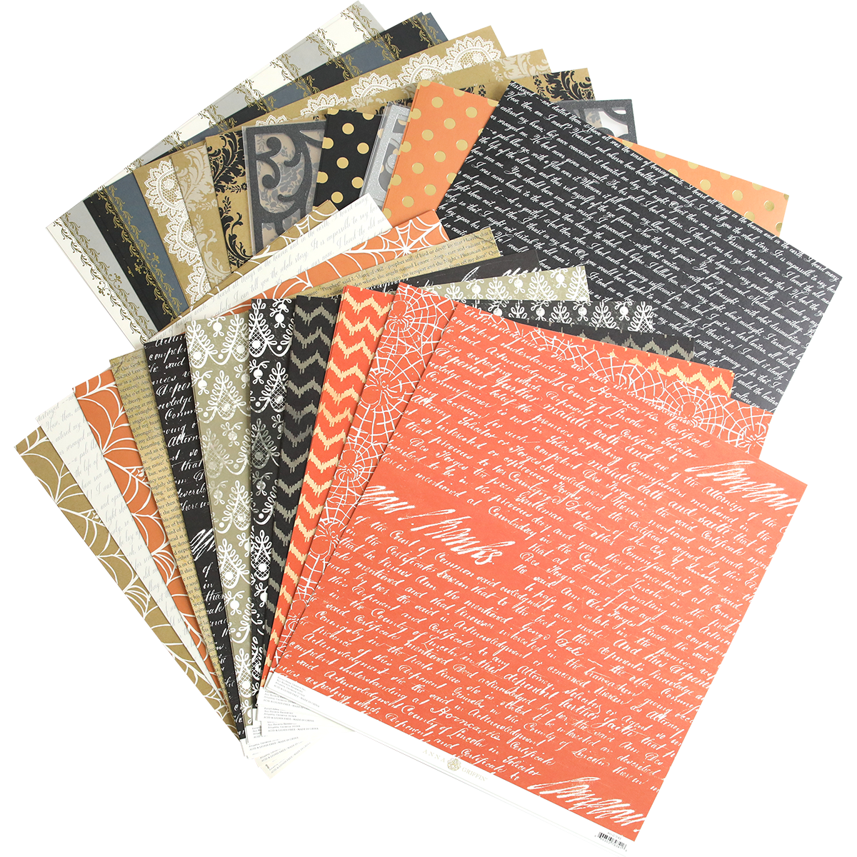 The Haunted Halloween 12x12 Cardstock collection features an array of patterned scrapbook papers fanned out, showcasing designs like text, polka dots, chevrons, and floral motifs in vibrant shades of orange, black, white, and gold. Each 12x12 sheet adds a unique touch to your creative projects.