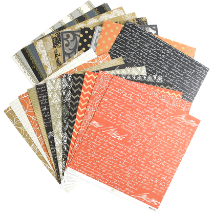 The Haunted Halloween 12x12 Cardstock collection features an array of patterned scrapbook papers fanned out, showcasing designs like text, polka dots, chevrons, and floral motifs in vibrant shades of orange, black, white, and gold. Each 12x12 sheet adds a unique touch to your creative projects.