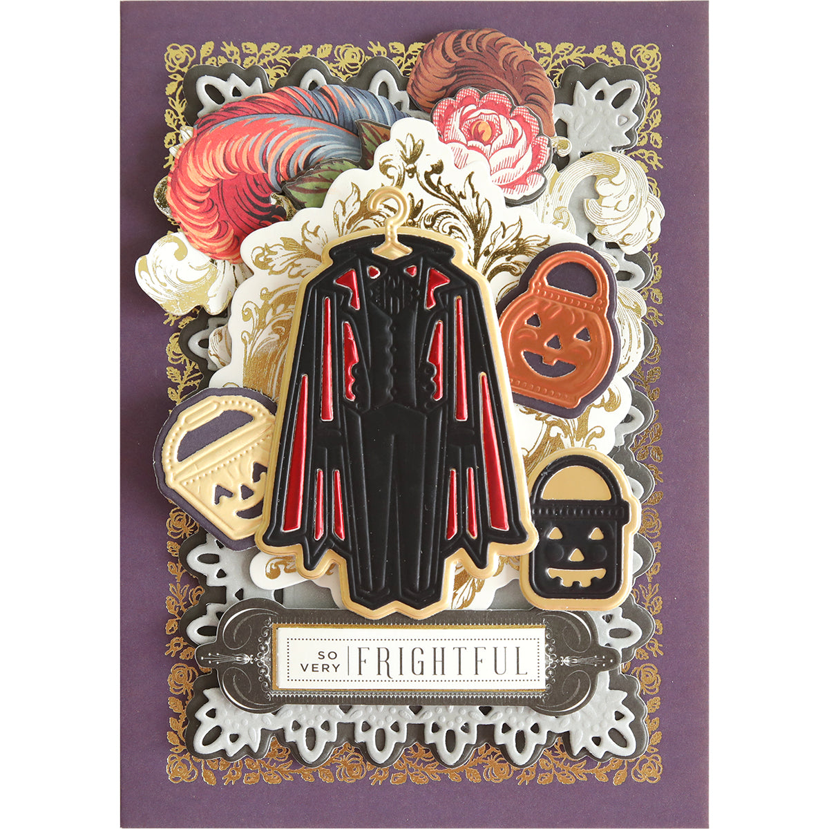 A decorative card made with "Halloween Costume Dies" showcasing a vampire costume, jack-o'-lantern buckets, and ornate floral patterns, with the phrase "So Very Frightful" displayed at the bottom center.