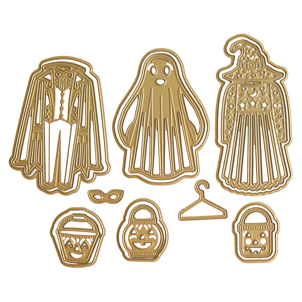 The Halloween Costume Dies includes a set of cookie cutters featuring designs of a vampire, ghost, witch, three pumpkin buckets, a mask, and a hanger. Perfect for Trick or Treat parties or to pair with Halloween cards for a spooky celebration.