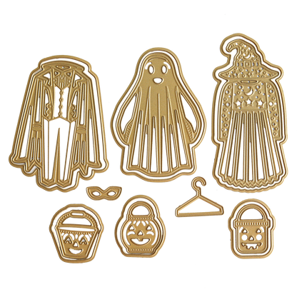 The Halloween Costume Dies includes a set of cookie cutters featuring designs of a vampire, ghost, witch, three pumpkin buckets, a mask, and a hanger. Perfect for Trick or Treat parties or to pair with Halloween cards for a spooky celebration.