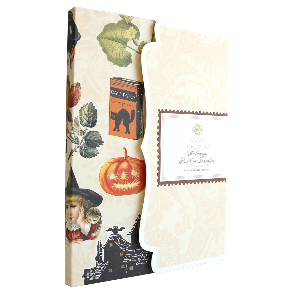 The Halloween Rub On Embellishments folder showcases vintage Halloween images like a witch, pumpkin, black cat, and house, with an "Anna Griffin Collection" label—ideal for Halloween crafting enthusiasts.