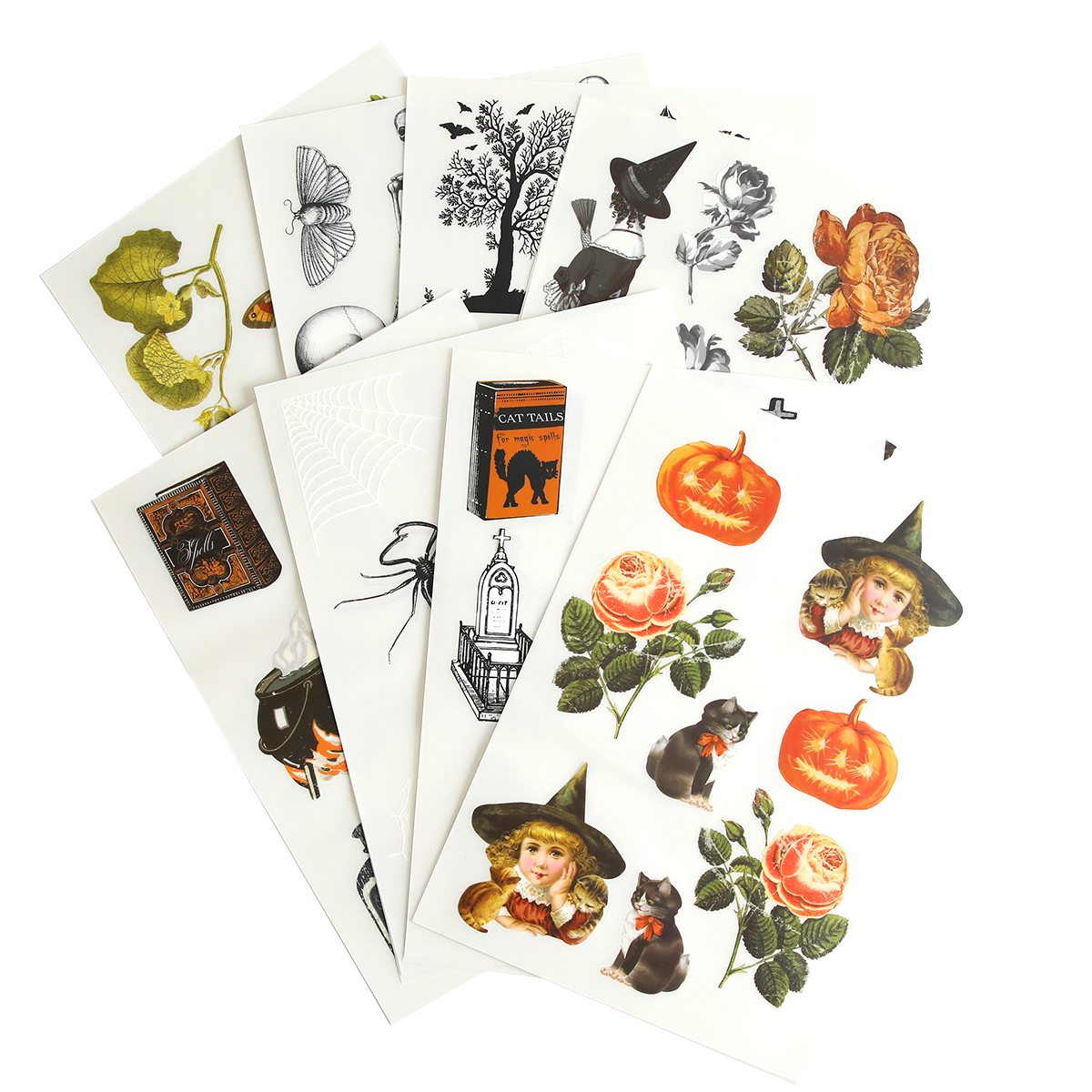 Halloween Rub On Embellishments feature decorative sticker sheets with flowers, pumpkins, cats, witches, butterflies, and vintage Halloween designs—ideal for adding a festive touch to all your seasonal crafting projects.