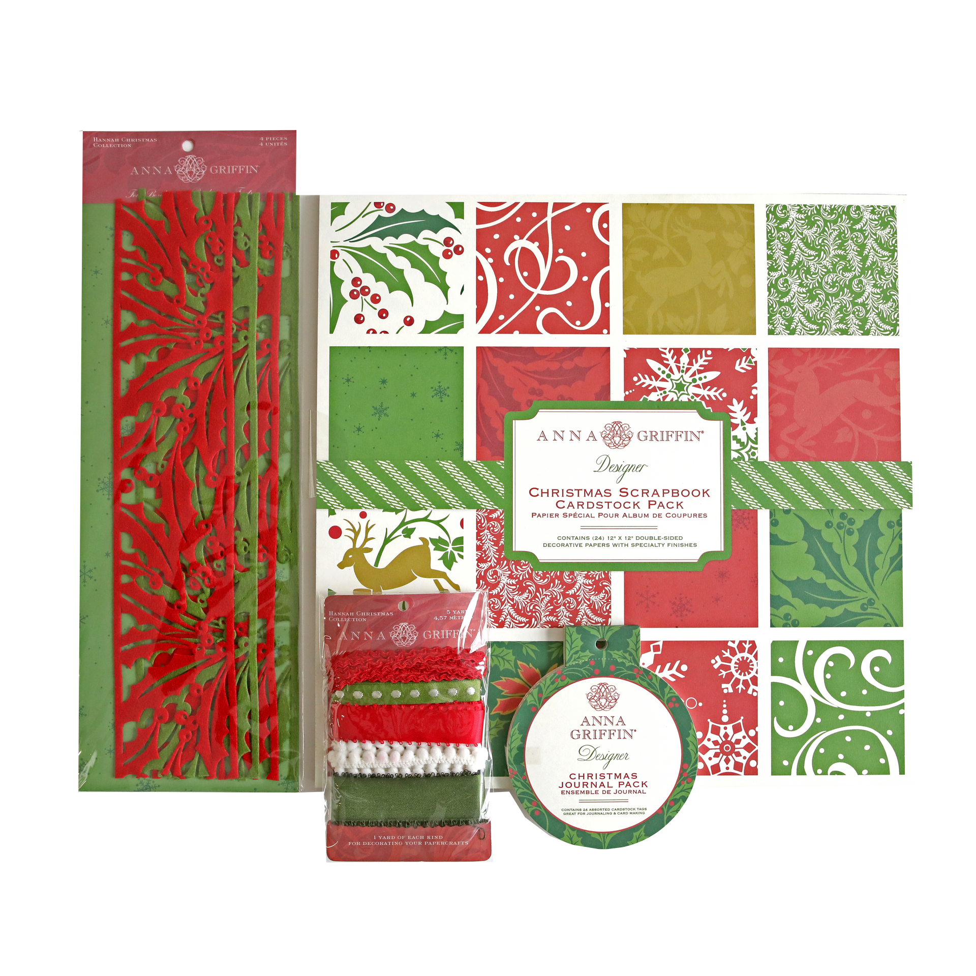 Hannah Christmas Cardstock, Felt Borders, Ribbon, Journaling Tags