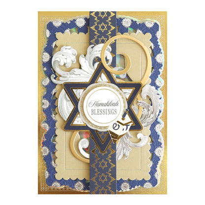 Celebrate the Festival of Lights with Hanukkah Card Toppers and Sentiments featuring a large Star of David, gold accents, ornate patterns, a dreidel, and “Hanukkah Blessings”—ideal for crafting unique Hanukkah cards.