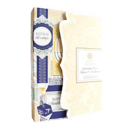 Celebrate the Festival of Lights with Hanukkah Card Toppers and Sentiments—this decorated card set in navy, gold, and cream features "Hanukkah blessings," elegant toppers, and stylish packaging.