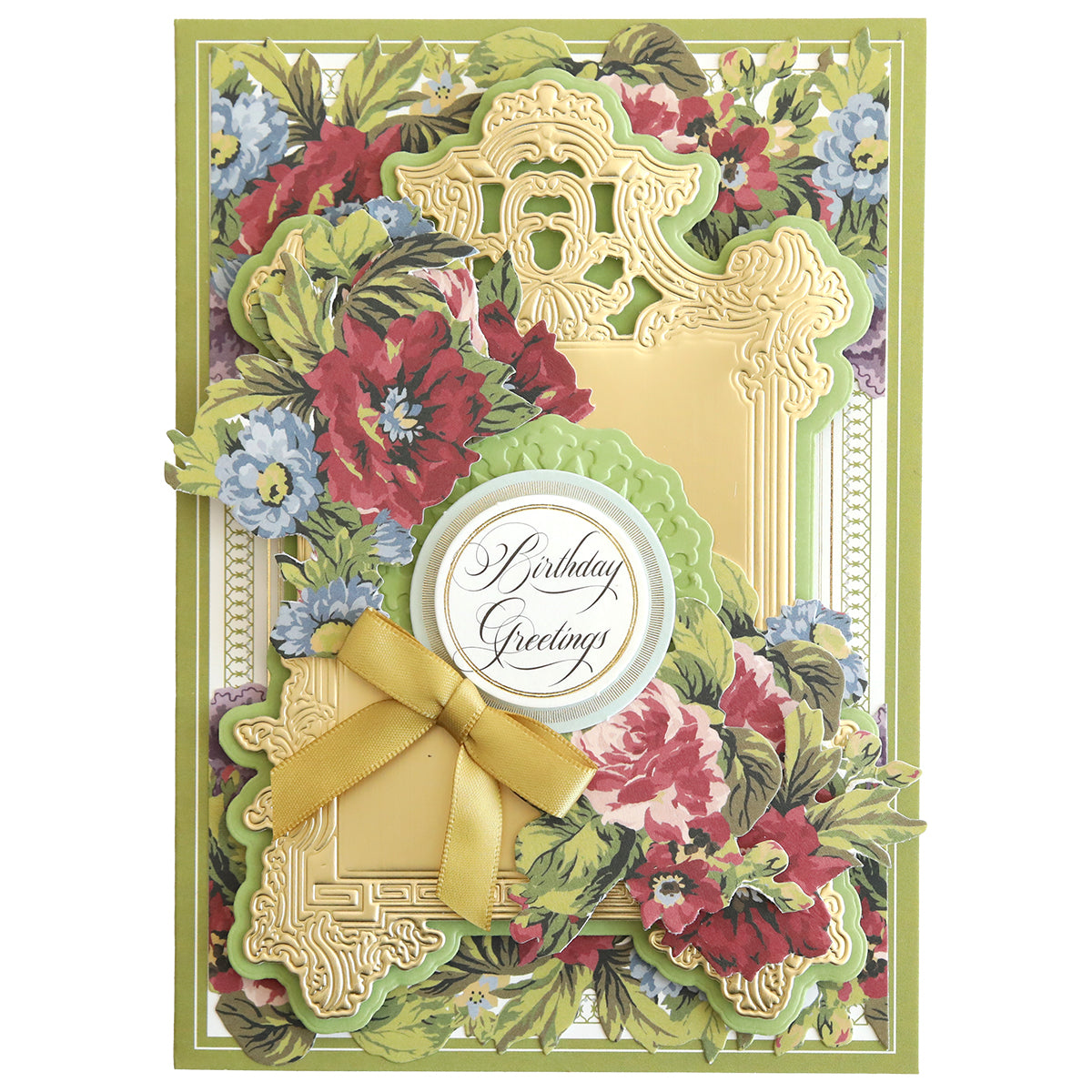 A beautifully crafted scrapbook-style birthday card adorned with intricate floral designs, including red and blue flowers, shimmering gold accents, and a yellow ribbon bow. The card features a central "Birthday Greetings" message framed by elegant elements reminiscent of the Harvest Border Stickers collection.