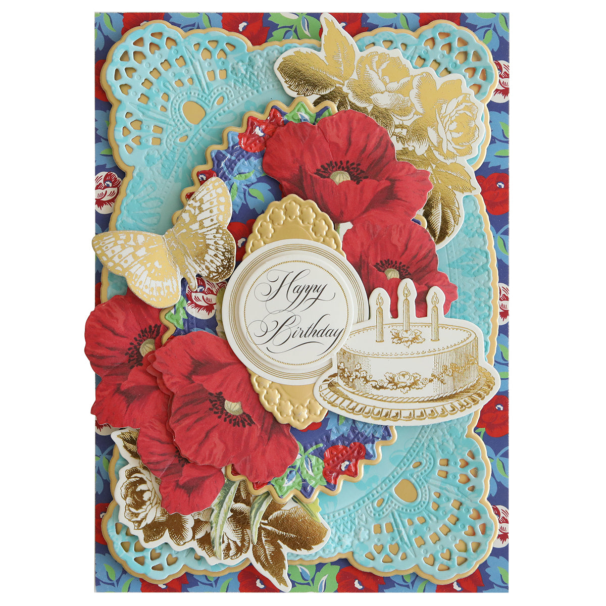 A stunning birthday card from the Hermosa Multi Cultural Cardstock collection, featuring vibrant red flowers, a golden butterfly, and a white cake with three candles. The design surrounds a "Happy Birthday" message set against a blue and red patterned backdrop. Ideal for members who appreciate beautiful designs inspired by Hispanic culture.