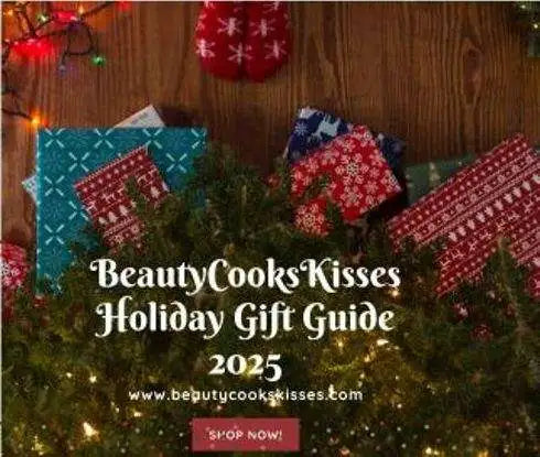 Wrapped holiday gifts with festive patterns are arranged behind a decorated Christmas tree. Text reads, "BeautyCooksKisses Holiday Gift Guide 2025" with a website link and "Shop Now" button.