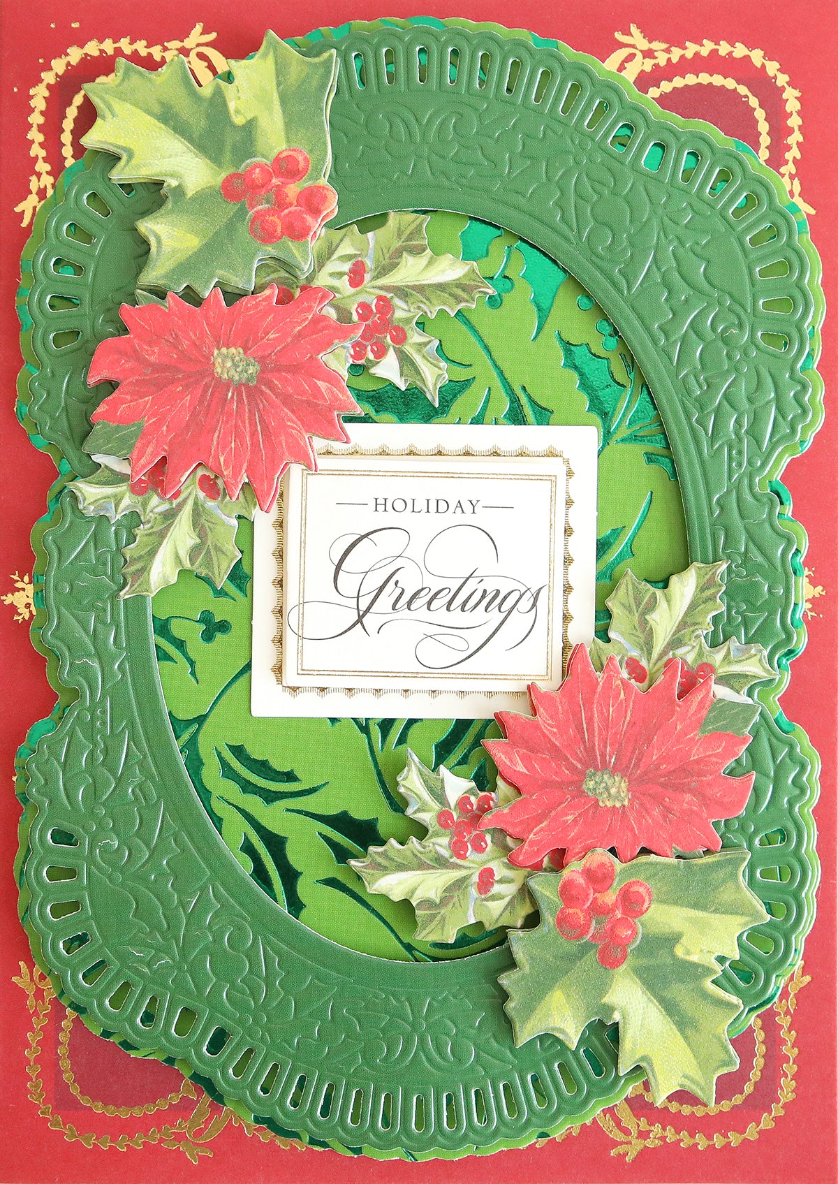 Add a festive touch to your scrapbook paper collection or Christmas card making with the Holiday Cardstock Bundle, featuring green and red ornate designs with poinsettias, holly, and “Holiday Greetings” in the center on a red background with elegant gold accents.