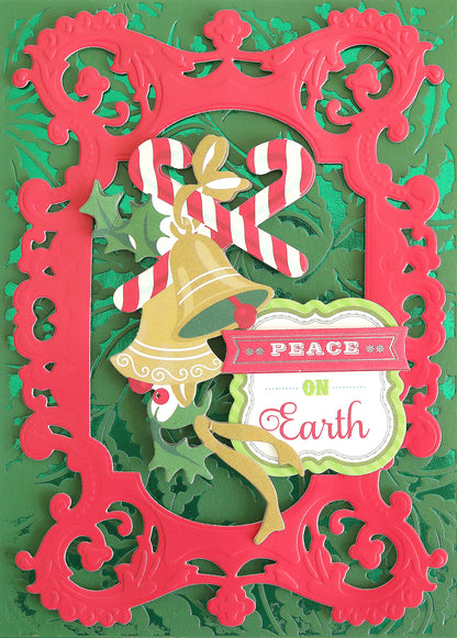 Decorative Christmas card featuring a red frame, gold bell, holly, candy canes, and a "Peace on Earth" sign set against a green embossed background—ideal for creating festive cards or coordinating with your favorite papers from the Holiday Cardstock Bundle.