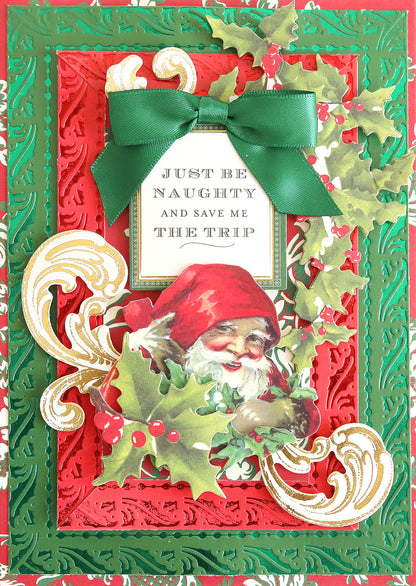 Celebrate the season with our Holiday Coated Cardstock—a festive card printed on heavyweight material, adorned with a vintage Santa, holly accents, elegant gold swirls, and topped with a green bow. The front reads: "Just be naughty and save me the trip." With its vibrant red and green decorative background, this Holiday Coated Cardstock is perfect for all your foil holiday projects.