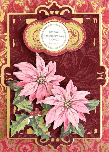 Holiday Fabric Card Layers featuring pink poinsettias, holly, and an ornate gold and burgundy background, beautifully crafted on fabric cardstock. Perfect for Christmas card making or enhancing your seasonal greetings. The top reads: "Sending Christmas Love.