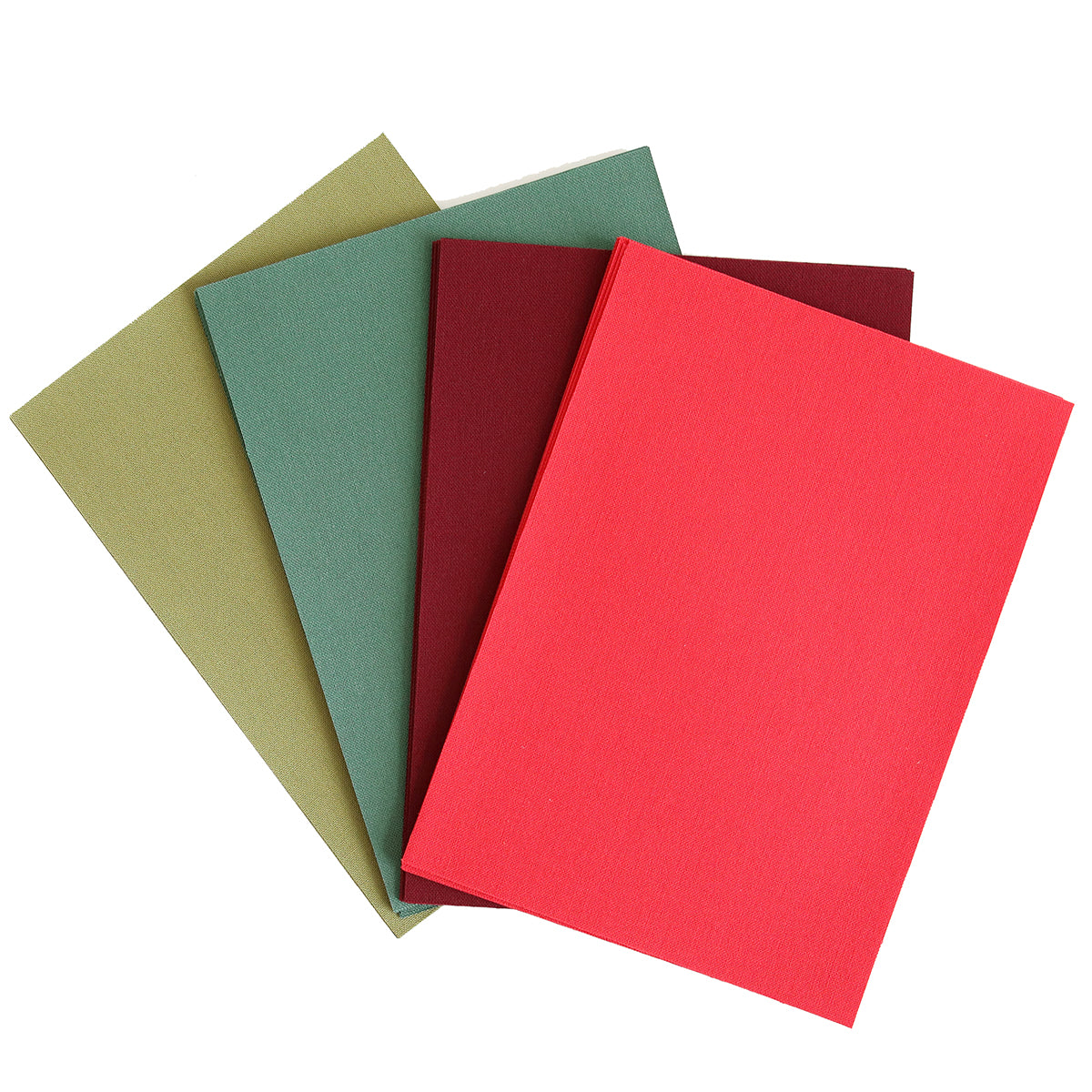 Four hardcover books in olive green, dark green, maroon, and red are stacked and overlapping on a white background, evoking the classic colors of the Holiday Cardstock Bundle—an ideal source of inspiration for Christmas card making or selecting sophisticated scrapbook paper.