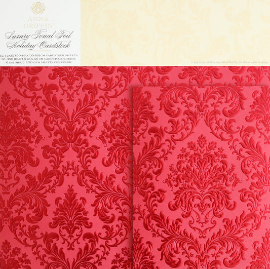 Anna Griffin’s Luxury Holiday Tonal Foil Cardstock features red embossed holiday designs with an ornate damask pattern, elegant texture, and luxurious tonal detailing—ideal for card making and scrapbooking projects.
