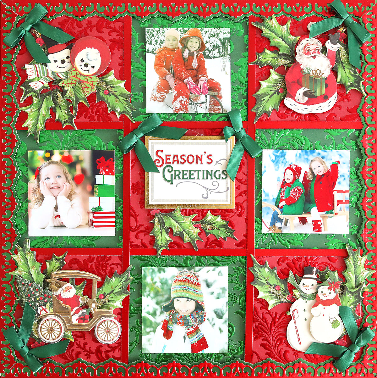 Create festive scrapbook or card projects with Luxury Holiday Tonal Foil Cardstock, featuring photos of kids in winter wear, holiday décor, holly leaves, snowmen, and "Season's Greetings" embossed in foil at the center.