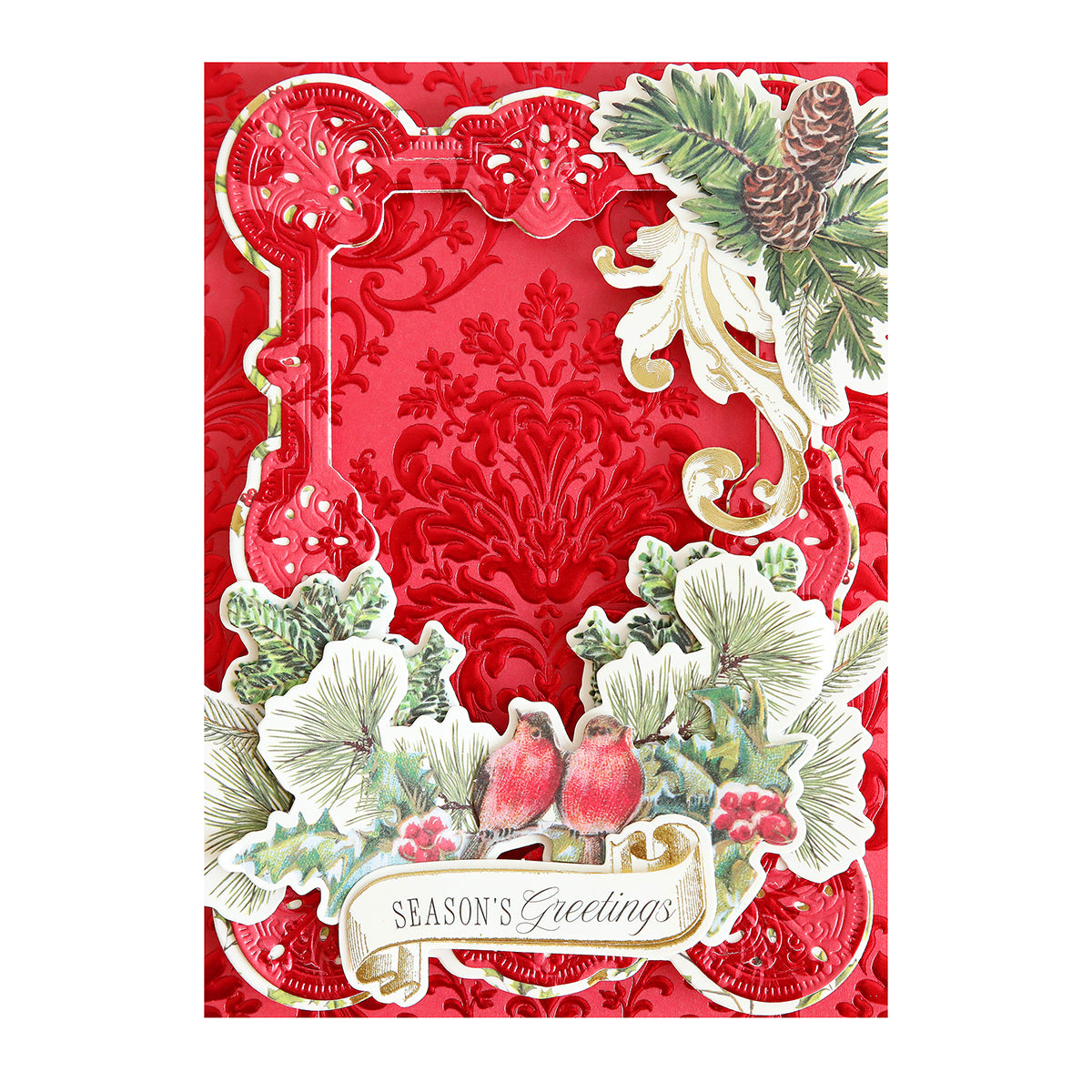 Radiant Holiday Wreath and Bow Bundle holiday card featuring an embossed red foil background, decorative frame, pine branches with pinecones, two red birds, and a scroll banner reading “SEASON’S Greetings.”