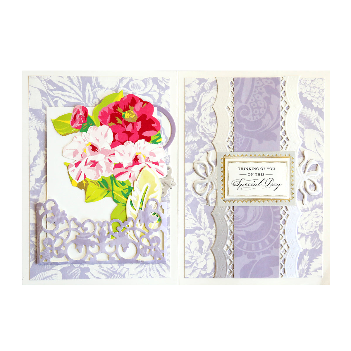 An elegant purple and white card adorned with flowers from the Anniversary Pocket Dies.