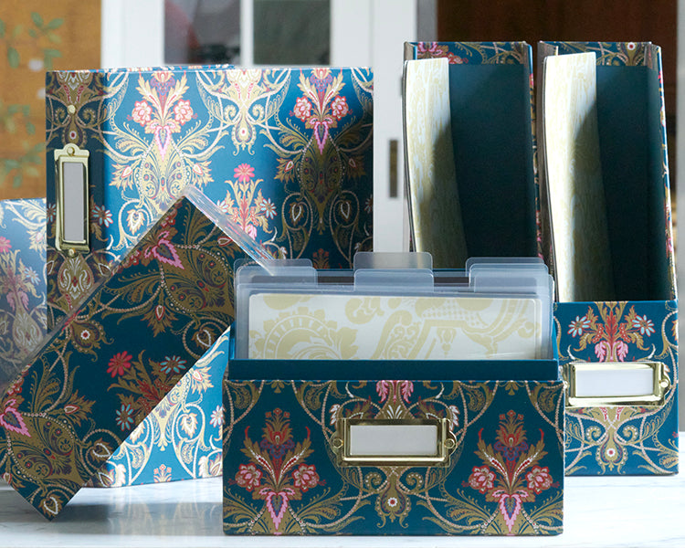 The Jasmine Large Die Storage Box Set of 2 features a blue, pink, and gold floral pattern, perfect for organizing file folders, tabbed dividers, die storage boxes, or magnetic sheets on your desk.
