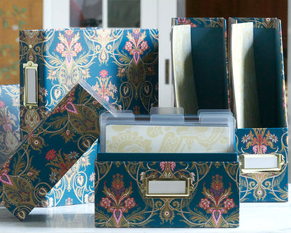The Jasmine Large Die Storage Box Set of 2 features a blue, pink, and gold floral pattern, perfect for organizing file folders, tabbed dividers, die storage boxes, or magnetic sheets on your desk.