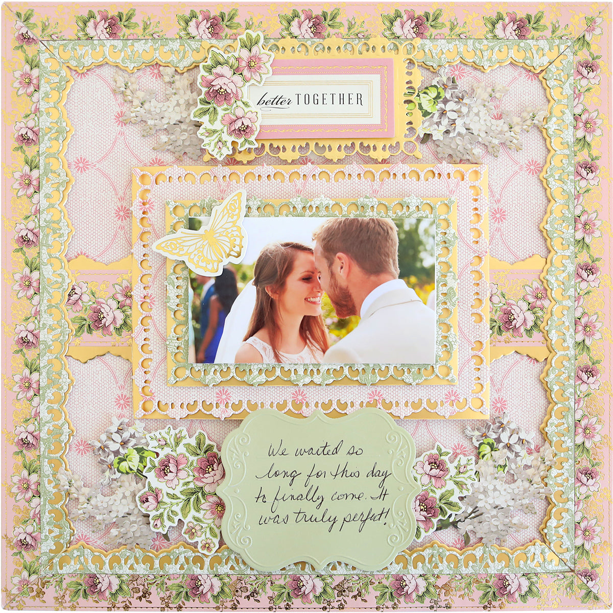 A decorative scrapbook page featuring a photo of a smiling couple looking at each other, surrounded by floral patterns and Journaling Tags Cut and Emboss Folders text.