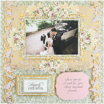 A wedding scrapbooking page featuring a photo of a bride and groom with Journaling Tags Cut and Emboss Folders, romantic embellishments, and embossing.