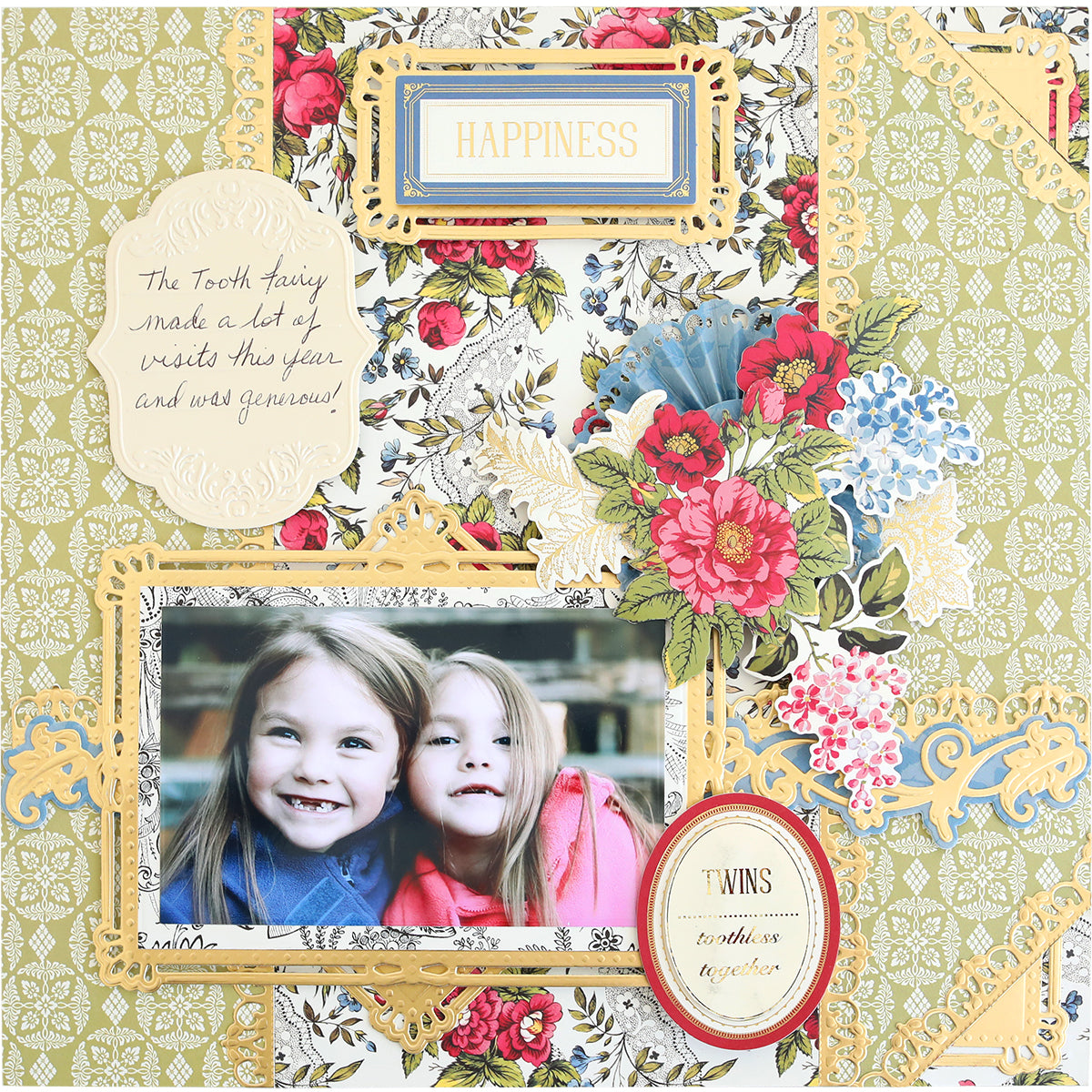 Scrapbooking page featuring a photo of two smiling girls with decorative floral patterns and themed stickers about happiness and twins embellished with Journaling Tags Cut and Emboss Folders.