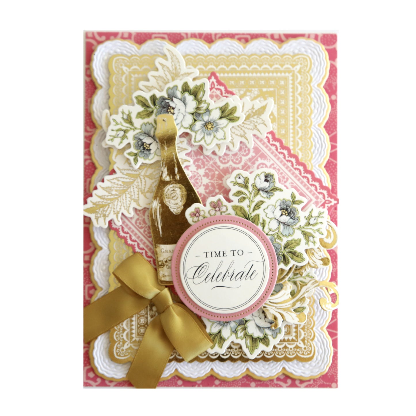A vintage-inspired Valentine's card featuring a pink and gold color scheme and adorned with dimensional and texture-rich Lace Doily Embellishments.