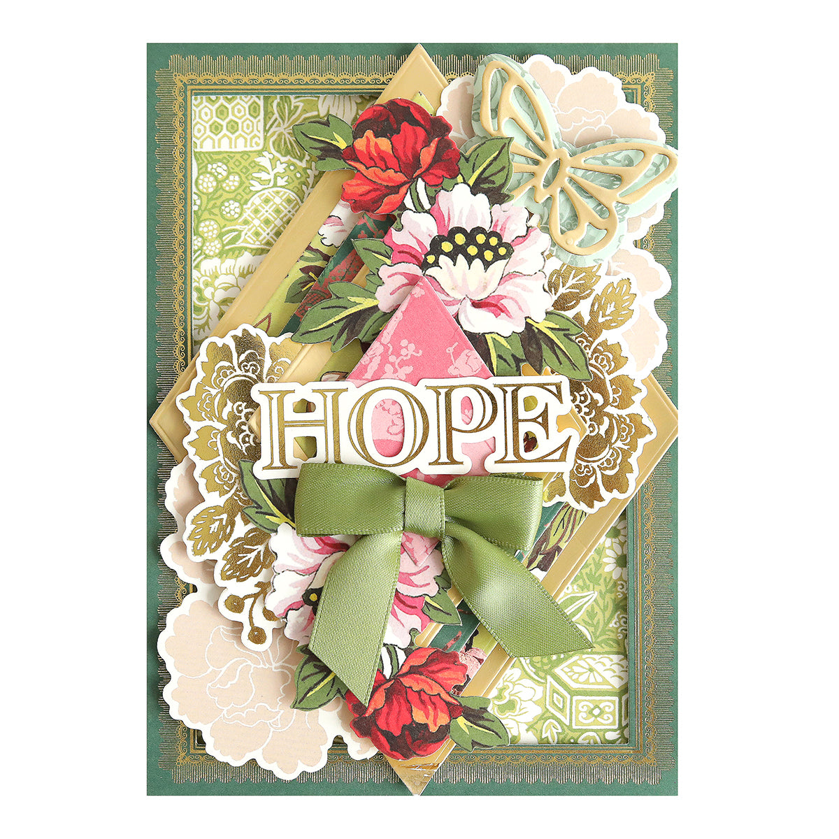 Handmade greeting card featuring floral designs, a butterfly cutout, a green bow, and “HOPE” in gold rub-on transfers from the Lian Ultimate Papercrafting Collection with Rub On Transfers.