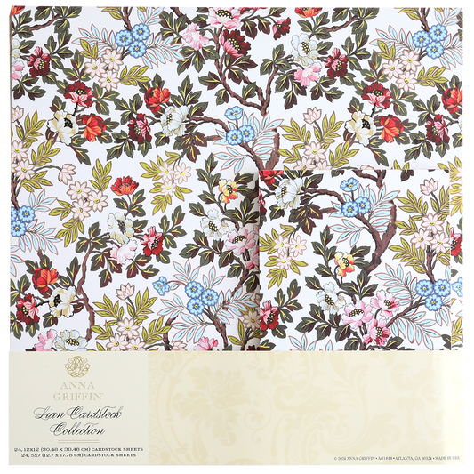 A beautiful patterned cardstock paper from the Lian Multi Cultural Cardstock Collection, inspired by aspects of Asian culture and featuring intricate designs of blue, pink, and red flowers on a cream background.