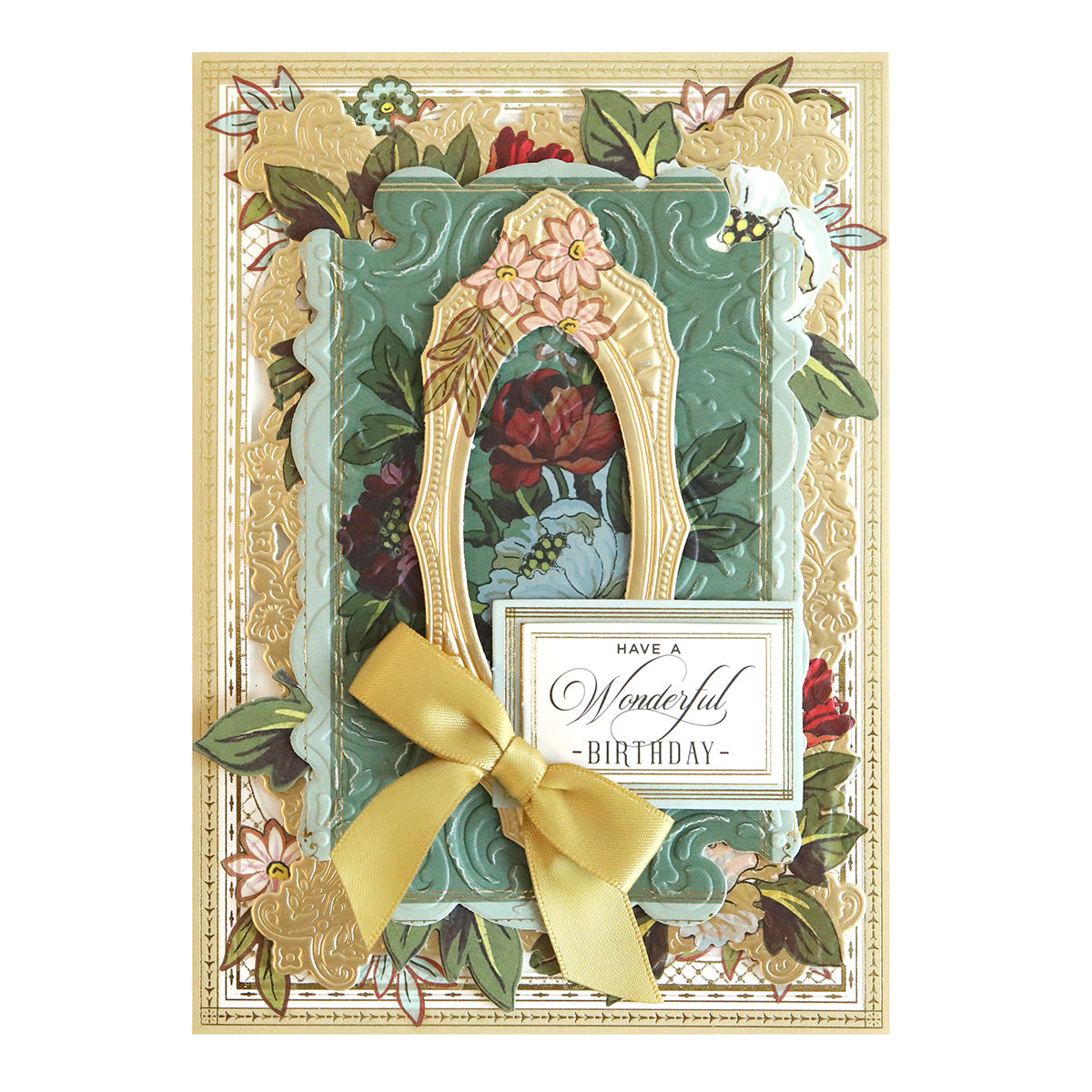 Handmade birthday card from the Lian Ultimate Papercrafting Collection with Rub On Transfers, featuring a floral pattern, gold frame, yellow ribbon bow, and the text “Have a wonderful birthday.”