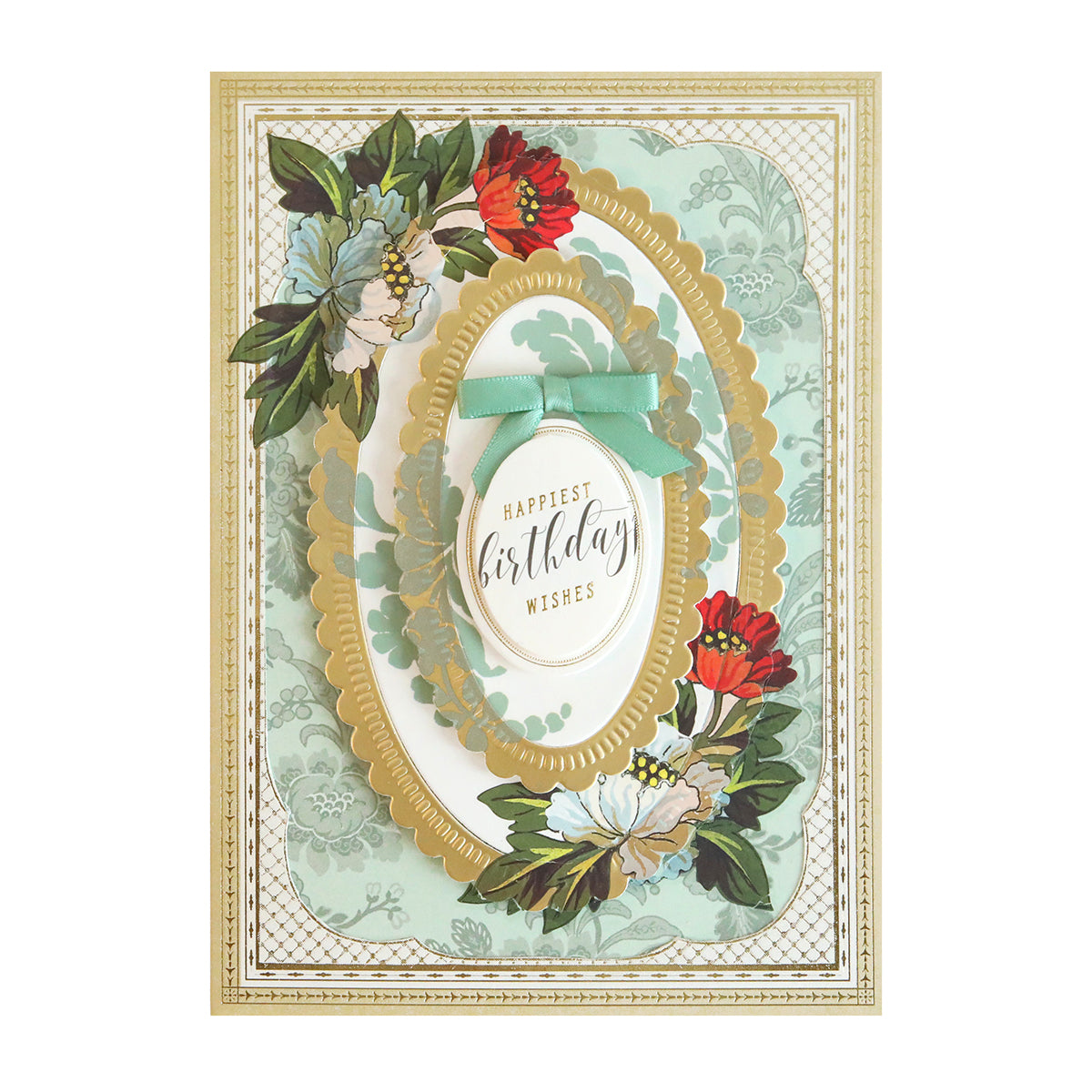 Handmade birthday card using the Lian Ultimate Papercrafting Collection with Rub On Transfers, featuring ornate oval frames, floral accents, a mint green ribbon, and “Happiest birthday wishes” text.