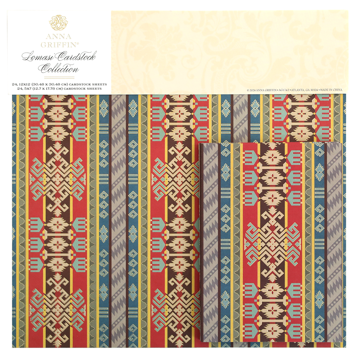 A package with a Lomasi Cardstock Collection striped pattern in red, blue, and yellow.