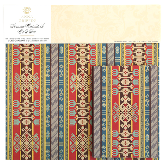 A package with a Lomasi Cardstock Collection striped pattern in red, blue, and yellow.