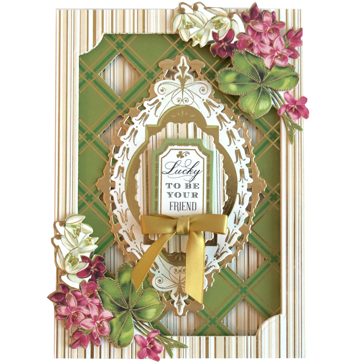 The Lucky for All Double Sided Cardstock features a gold and green ornate frame, floral accents, gold ribbon, and the message "Lucky to be your friend"—a decorative Irish cardstock perfect for heartfelt cards.