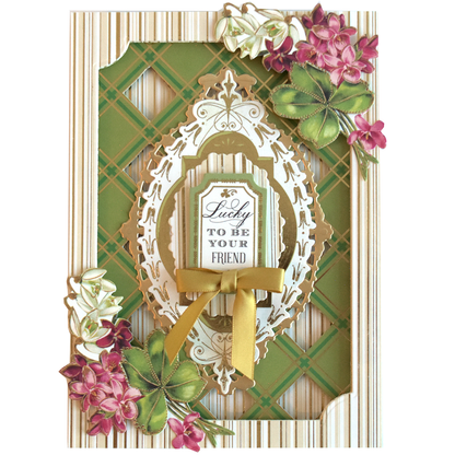 The Lucky for All Double Sided Cardstock features a gold and green ornate frame, floral accents, gold ribbon, and the message "Lucky to be your friend"—a decorative Irish cardstock perfect for heartfelt cards.