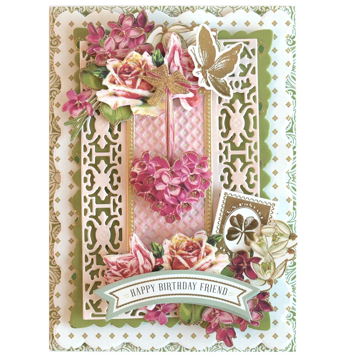 A birthday card made with Lucky for All Double Sided Cardstock features floral designs, a pink heart, butterflies, clover motifs, and "Happy Birthday Friend" on a layered gold foil background.