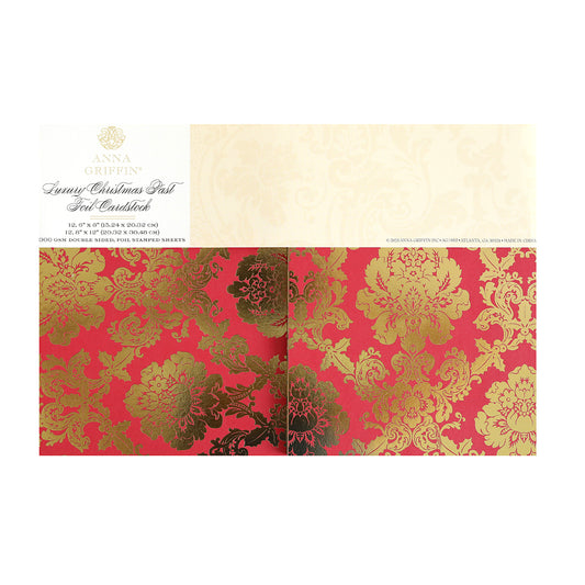 Red and gold luxury cardstock featuring an ornate floral design, ideal for Christmas crafts, labeled "Luxury Christmas Present Foil Cardstock" at the top.