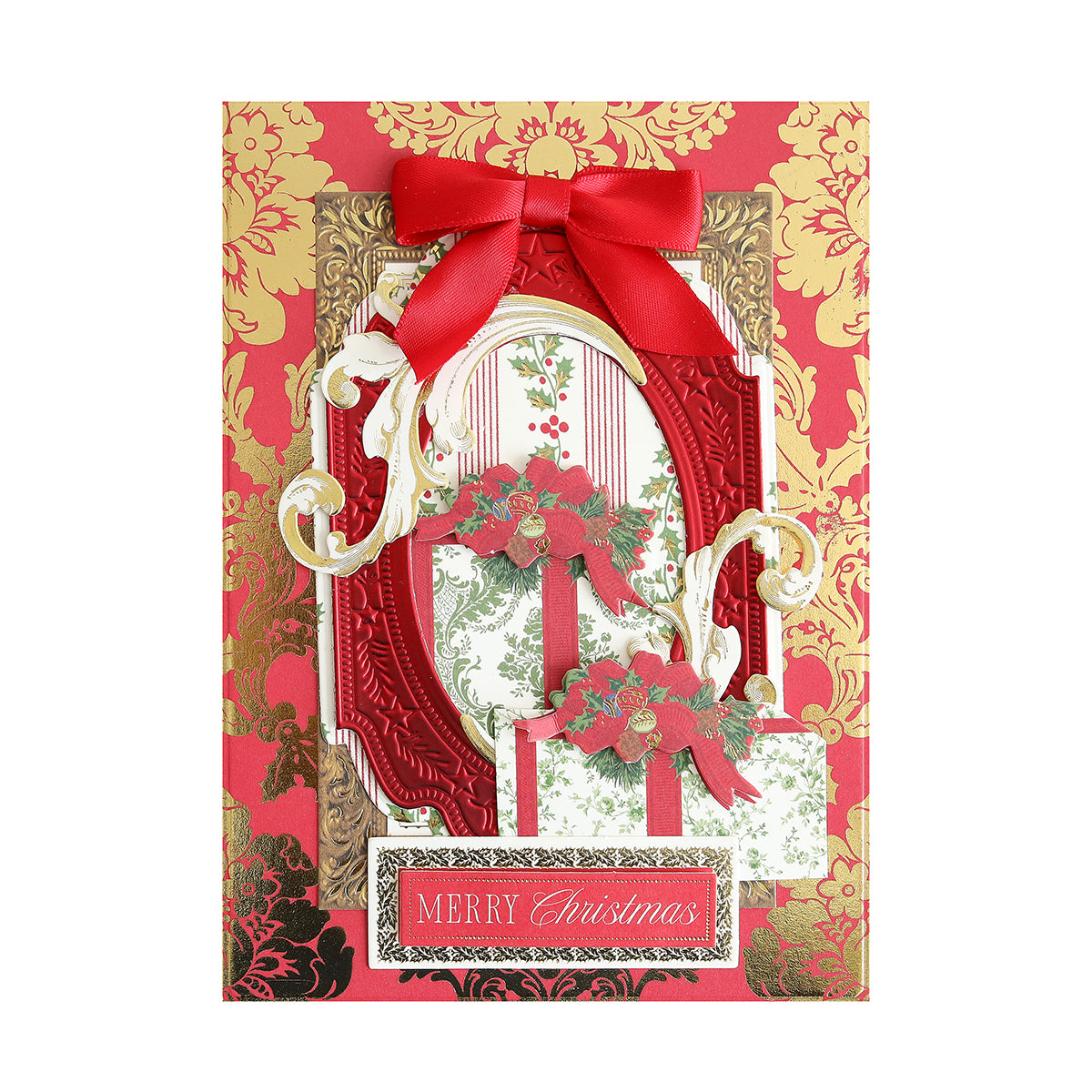 The Luxury Christmas Present Foil Cardstock features ornate gold and red patterns, a red bow, floral accents, gift boxes, and “Merry Christmas” text. Crafted from premium cardstock, it’s perfect for festive crafts.