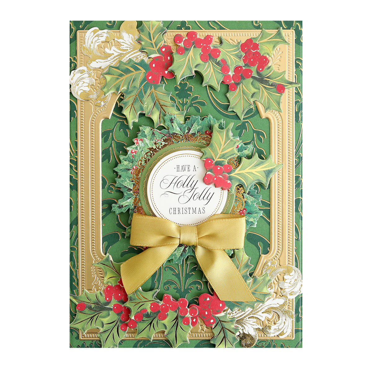 The Luxury Christmas Present Foil Cardstock is a decorative card featuring holly leaves, red berries, a gold bow, and an elegant "Have a Holly Jolly Christmas" message on premium cardstock.