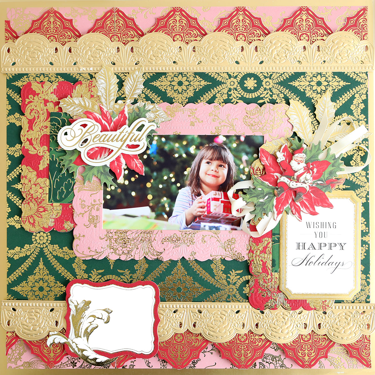 Create a festive scrapbook page using Luxury Christmas Present Foil Cardstock with gold, red, and green designs. Feature a child holding a mug, a "Beautiful" label, holiday accents, and a "Wishing You Happy Holidays" card.