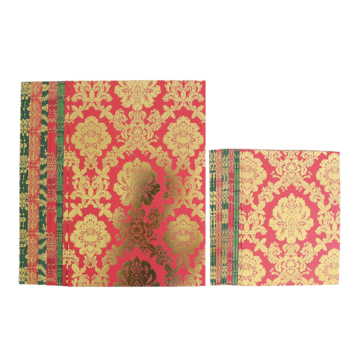 The Luxury Christmas Present Foil Cardstock comes in two stack sizes with red and gold foil, green borders, and a floral damask pattern—ideal for adding elegance to your Christmas crafts.
