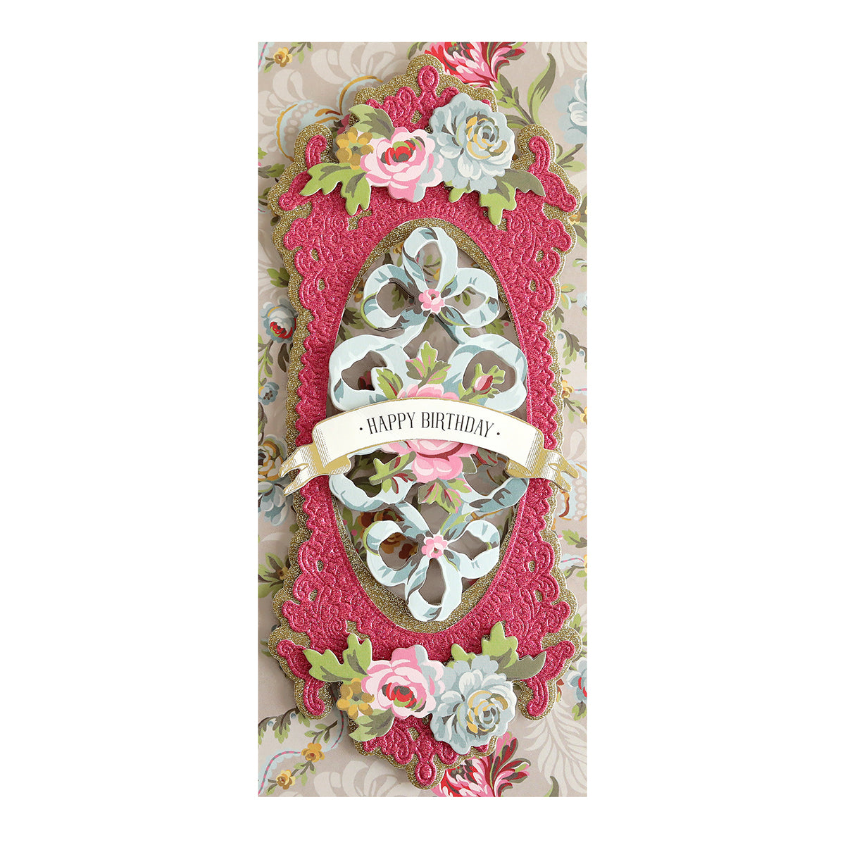 A floral birthday card made from Luxury Glitter Cardstock featuring a pink lace pattern, pastel flowers, and a gold-trimmed "Happy Birthday" banner, adding sparkle and elegance to your celebration.