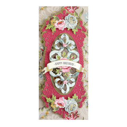 A floral birthday card made from Luxury Glitter Cardstock featuring a pink lace pattern, pastel flowers, and a gold-trimmed "Happy Birthday" banner, adding sparkle and elegance to your celebration.