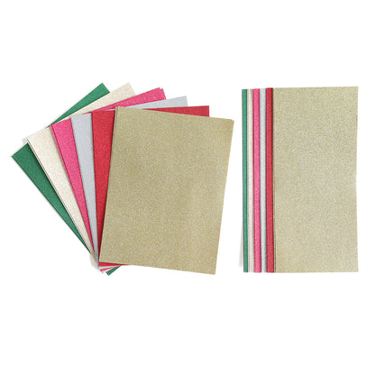 Luxury Glitter Cardstock features rectangular sheets in gold, red, green, white, and silver, displayed in two overlapping stacks on a white background—ideal for scrapbook supplies.