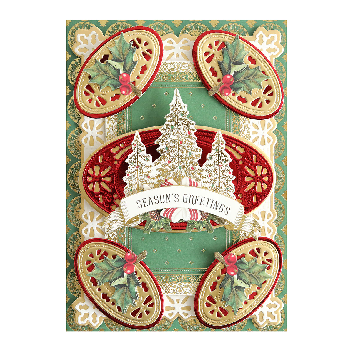 Crafted from Holiday Tonal and Matte Foil Cardstock, this decorative greeting card with “Season’s Greetings,” white trees, holly leaves, and a gold, red, and green ornate background is perfect for Christmas projects.