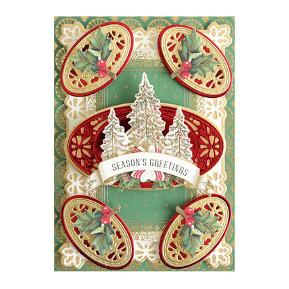 Crafted from Holiday Tonal and Matte Foil Cardstock, this decorative greeting card with “Season’s Greetings,” white trees, holly leaves, and a gold, red, and green ornate background is perfect for Christmas projects.